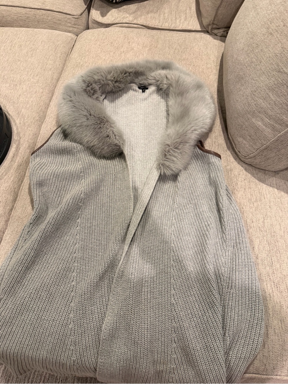 Talbots Light Gray Knit Coatigan with Faux Fur Collar